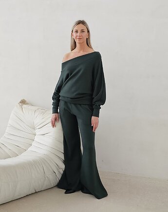 Bellita dzianinowy komplet dzwony i bluzka opadające ramię butelkowy zielony, Ablush