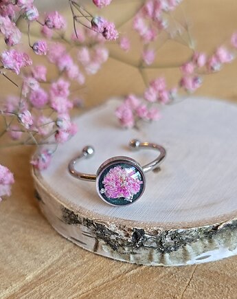 Wieczny kwiat pierścionek srebrny gipsówka prawdziwy żywica, zkwiatem