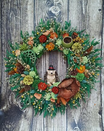 Jesienny wieniec z jeżem, susz, #J2, rozmiar 45 cm, Homeliness Art Decor