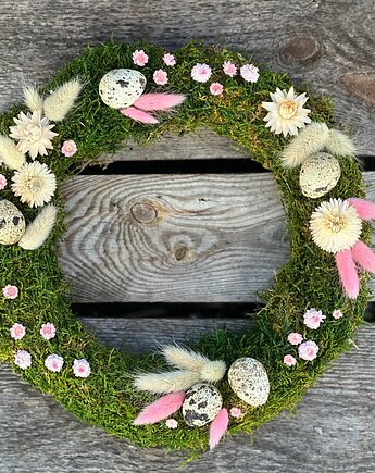 Wianek na stół / ścianę, stroik wielkanocny z mchu i suszonych kwiatów, Rosa