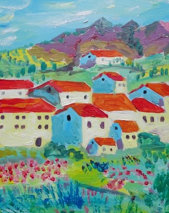 Kolorowy obraz  do salonu pejzaż wioska w górach, alice oil on canvas