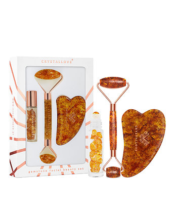 CRYSTALLOVE Cognac amber beauty set: roller do twarzy z bursztynu koniac + pł, CRYSTALLOVE