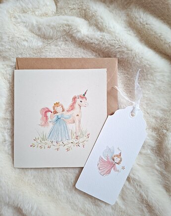 Kartka z księżniczką i jednorożcem w zestawie z zakładką, rozrysowane