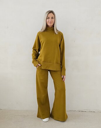 Kanani komplet spodnie dzwony i bluza z golfem oliwkowy, Ablush