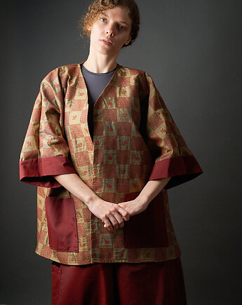 Długi żakiet kimonowy bordowo-złoty, soie star