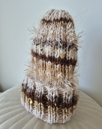 Wełniana czapka fantazyjna z cekinami CHOCO, Po.dziergane