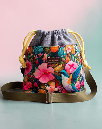Szara listonoszka z kominem z plecionki i weluru w kwiaty i kolibry handmade, raspberi