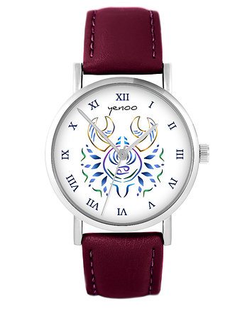 Zegarek - Rak - skórzany, burgund, yenoo