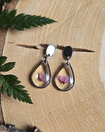 Kolczyki srebrne różowe łezki prawdziwe kwiaty, zkwiatem