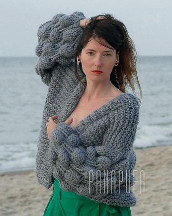 Cardigan damski, sweter wełniany  na drutach, PANAPUFA