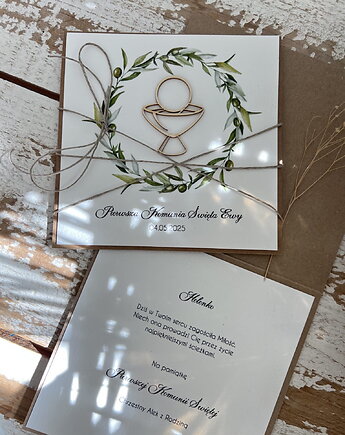 Kartka komunijna ręcznie robiona z imieniem od matki chrzestnej, sorte