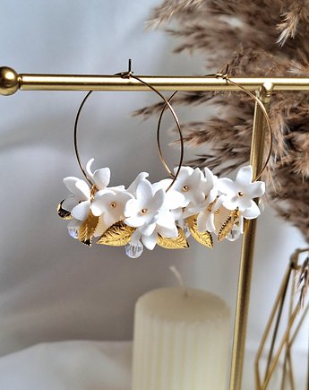 Kolczyki pozłacane koła białe kwiaty, Kwiat Paproci