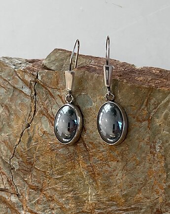 Kolczyki srebrne 925 damskie wiszące z hematytem owalnym Vintage, Ade Art