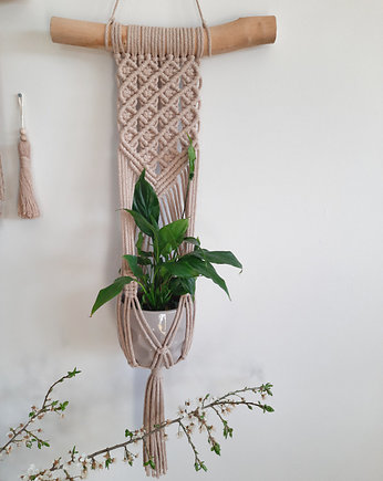 Kwietnik makrama boho na ścianę, sznurki i liście