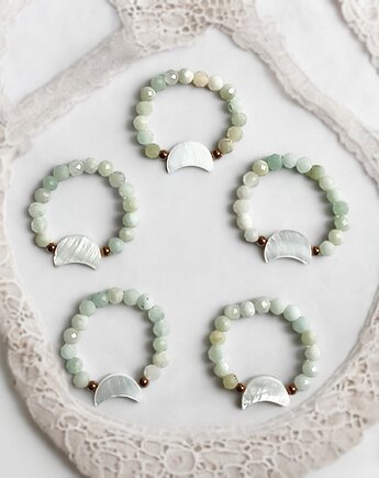 Pierścionek elastyczny: lunula :: amazonit, muszla naturalna, kaktusia