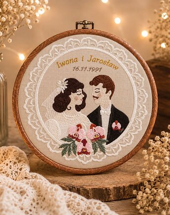 Personalizowana pamiątka ślubna/rocznicowa, haft w oprawie vintage, Plasun