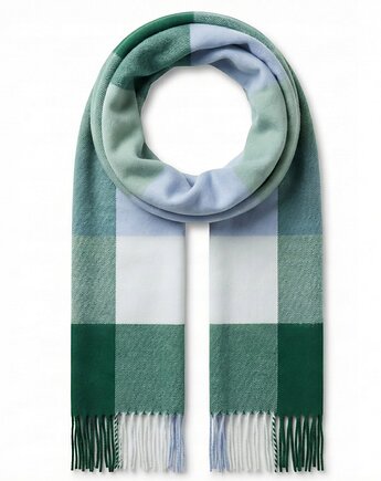 Szalik Damski kaszmirowy w kratkę zielony niebieski kolorowy szal prezent, AKADEMIA STYLU