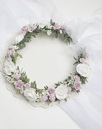 Wianek komunijny jak żywy fioletowo liliowy ,   biel zieleń, Petite Dame