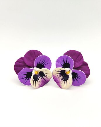 Kwiatowe kolczyki sztyfty z polimerowej gliny Bratki, biżuteria kwiatowa, Albina LaBelle