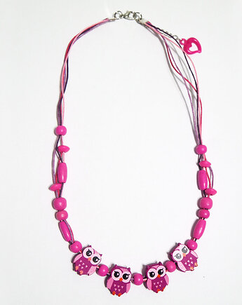Korale - Różowe sowy - drewniane, krótkie, yenoo