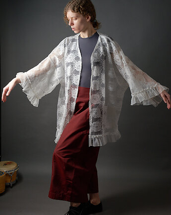 Długa biała bluzka kimonowa z koronki w stylu vintage, soie star