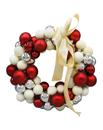 Bombka choinkowa: Stroik Świąteczny z mini bombek: czerwono-biały, Syn Bombkarza