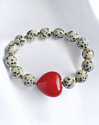 Jaspis dalmatyński i serce : CZERWIEŃ : bransoletka na gumce, kaktusia