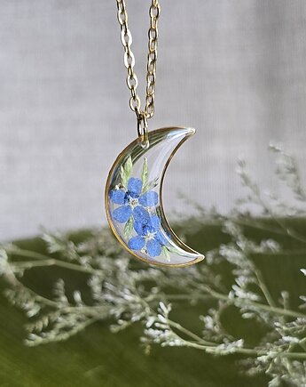 Wieczne kwiaty niezapominajki złoty wisiorek złota zawieszka księżyc kwiaty, zkwiatem