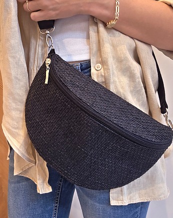 Czarna nerka pleciony materiał boho na ramię pojemna, Made by Joan