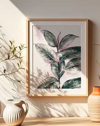 Fikus różowy akwarela botaniczna ręcznie malowana oryginał, Leafly