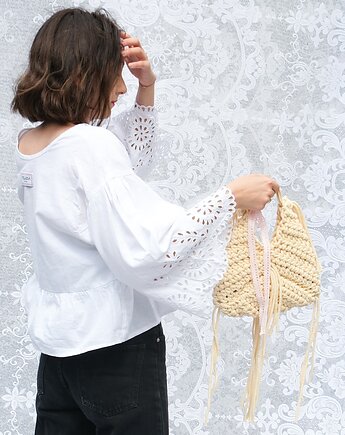 Masełkowa Torebka ze Sznurka Bawełnianego z Recyklingu z Frędzlami, Folkova design