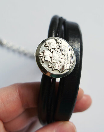 Bransoletka skórzana - Żaglowiec - unisex, czarna, marynarska, yenoo