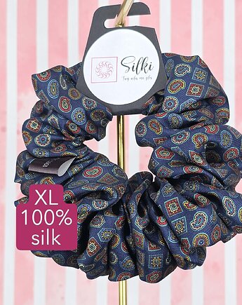 XL duża gumka do włosów jedwab naturalny scrunchie granatowa wzór, Silki