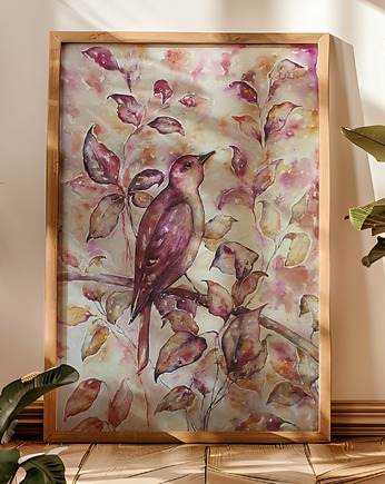 Ptak i kolorowe liście akwarela oryginał 100x70, Leaflay