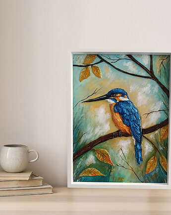 Zimorodek - obraz strukturalny 30x40 w białej ramie, Pracownia Kameleon
