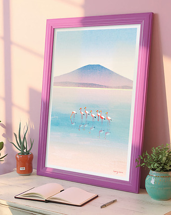 Flamingi - plakat 50x70 cm - odbicie w jeziorze, minimalmill