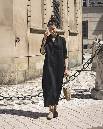 Lniana sukienka czarna koszulowa, LENOUI