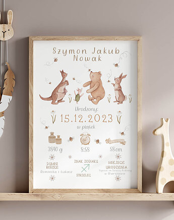 Personalizowana metryczka dla dziecka Kubuś Puchatek Obrazek na ścianę, Słonikowe Atelier