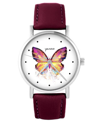 Zegarek - Motyl - skórzany, burgund, yenoo
