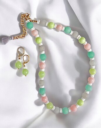 HOT TREND : komplet : naszyjnik, kolczyki : pastelle : jadeit 10mm, kaktusia