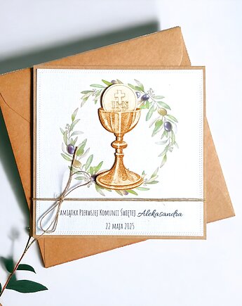 Kartka, PERSONALIZACJA : I Komunia Święta : oliwki: kielich