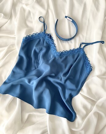Jedwabny top z koronką i regulowanymi ramiączkami Blue, Volie Line