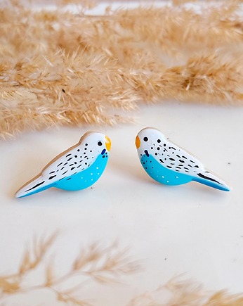 Kolczyki papużki faliste z wizerunkiem ptaszka w kolorze biało niebieskim, Dary Rusałki