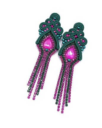 Kolczyki sutasz zielone fuksjowe z cyrkoniami Lilla długie błyszczące, Katrina Rossa