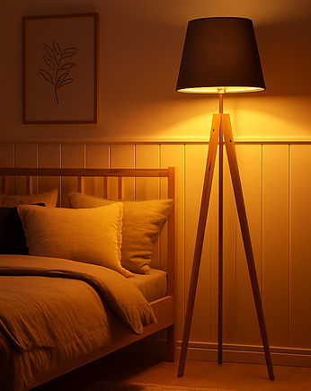 Elegancka lampa podłogowa z drewna na 3 nogach ARUBA, LYSNE