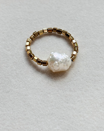 Pierścionek elastyczny Hematyt i Perła Naturalna, Chmolowska Jewellery