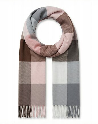 Szalik Damski kaszmirowy w kratkę różowy brązowy kolorowy szal prezent, AKADEMIA STYLU