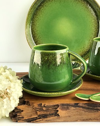 Kubek Beczułka ręcznie robiony zielony 320 ml ze spodkiem - Natura, Ceramika Tyka