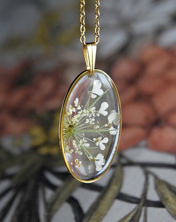 Kwiaty w żywicy biżuteria dzika marchew, Jaskółcze ziele handmade 