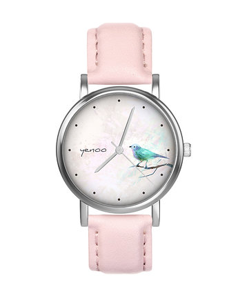 Zegarek  mały - Turkusowy ptaszek - skórzany, pudrowy róż, yenoo